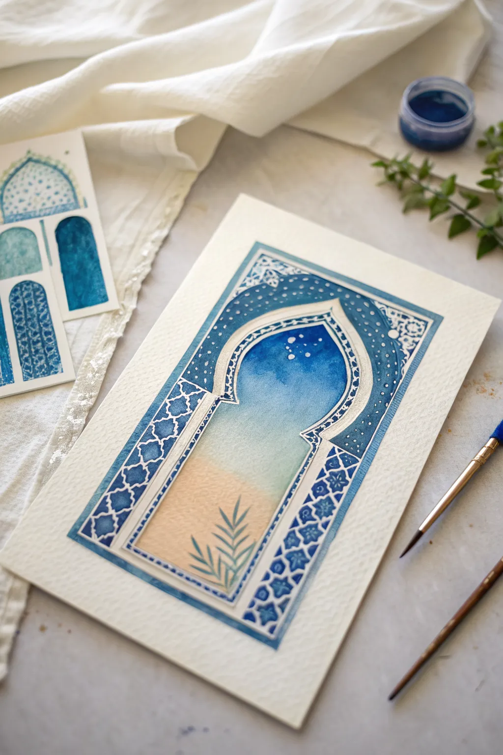 Minimal Moroccan arch with an easy bold gradient wash, perfect for a calm modern Islamic art piece