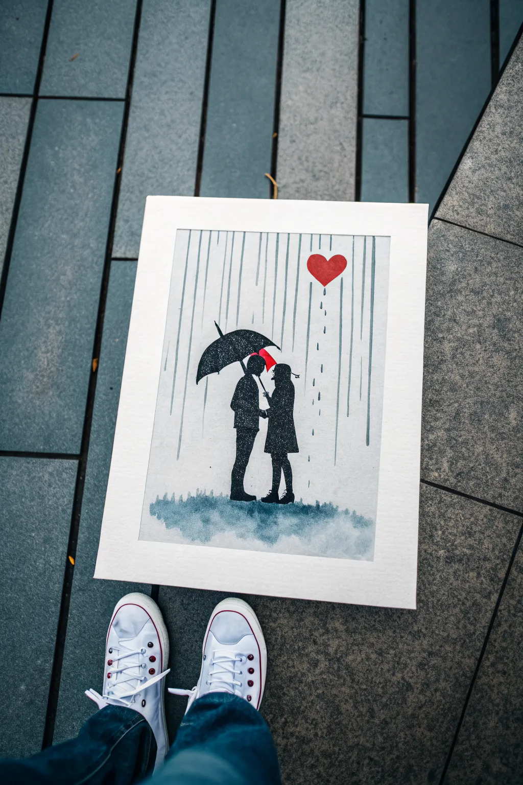 Umbrella couple in the rain painting: moody silhouettes with one bold heart pop of color