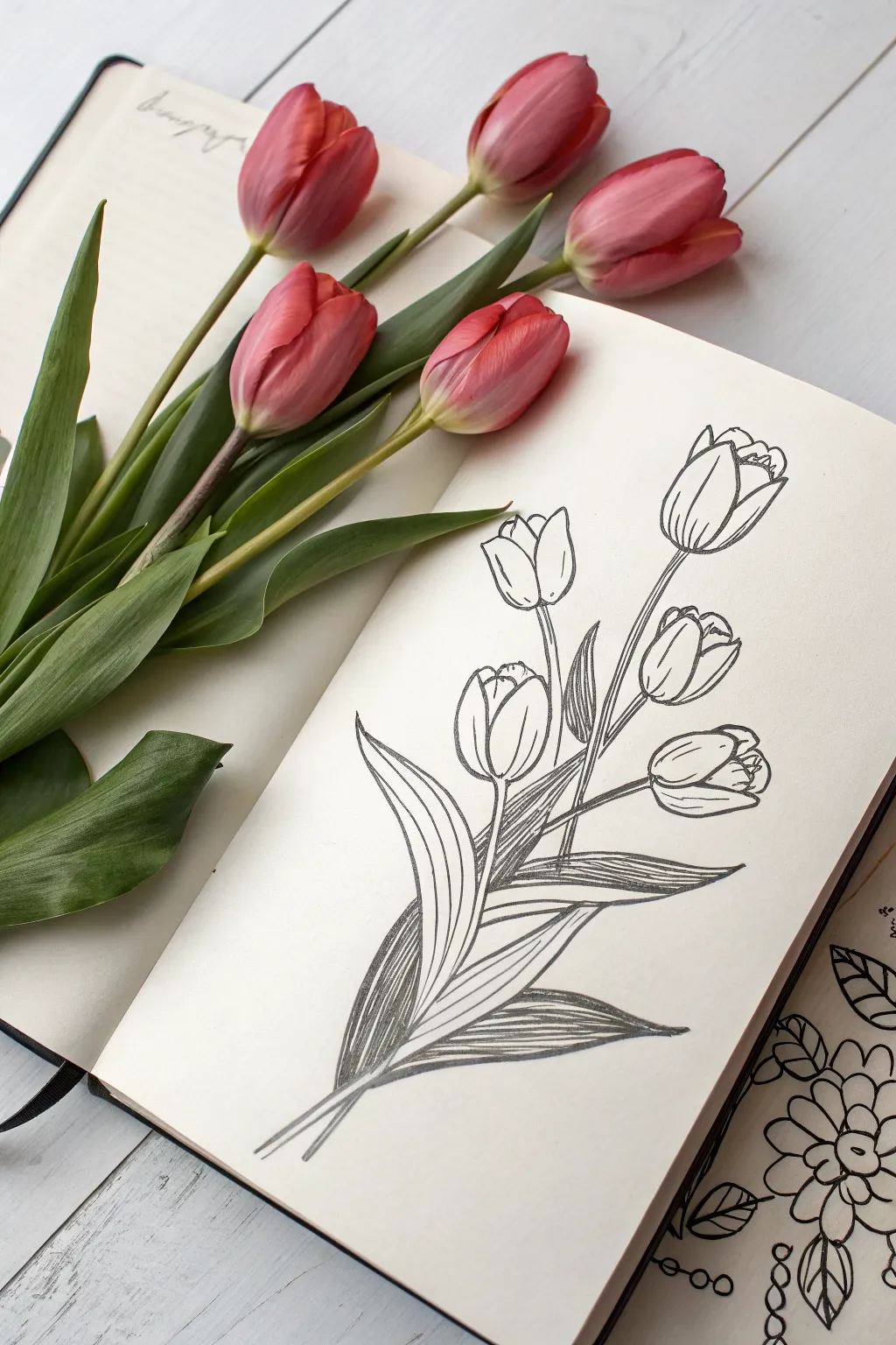 Easy tulip bunch for early spring: simple oval petals, long leaves, bold color, clean minimal style