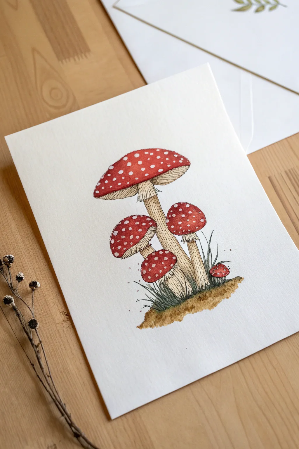 Tiny speckled mushrooms in bold reds and warm browns, minimalist marker art with bright highlights.