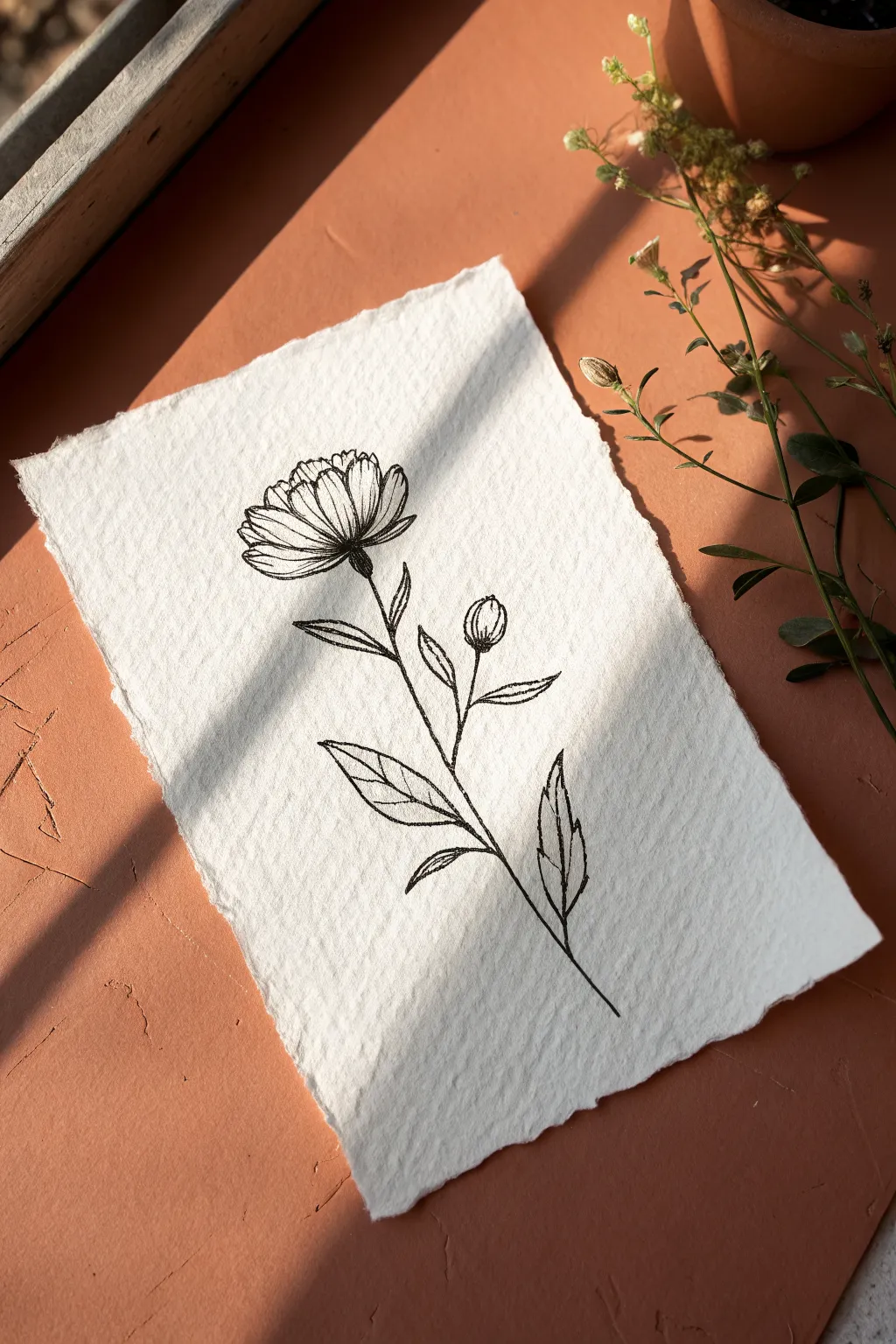 Easy modern art DIY: negative space botanical line art on warm terracotta, minimal and bold