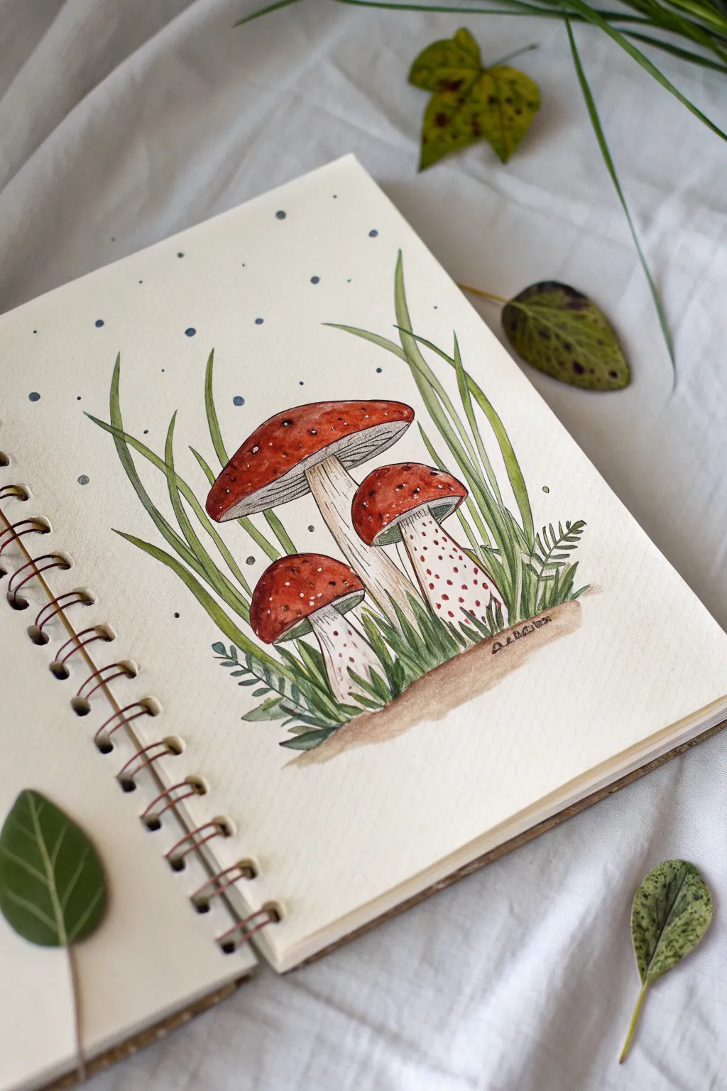 Easy mushroom forest patch drawing idea in bold earthy colors with clean minimalist charm