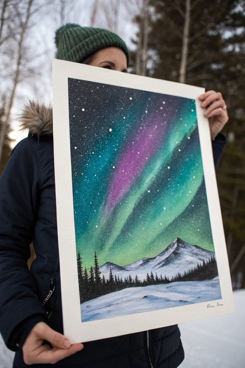 Easy aurora layers above a dark hill silhouette, finished with a quick dry-brushed snow glow