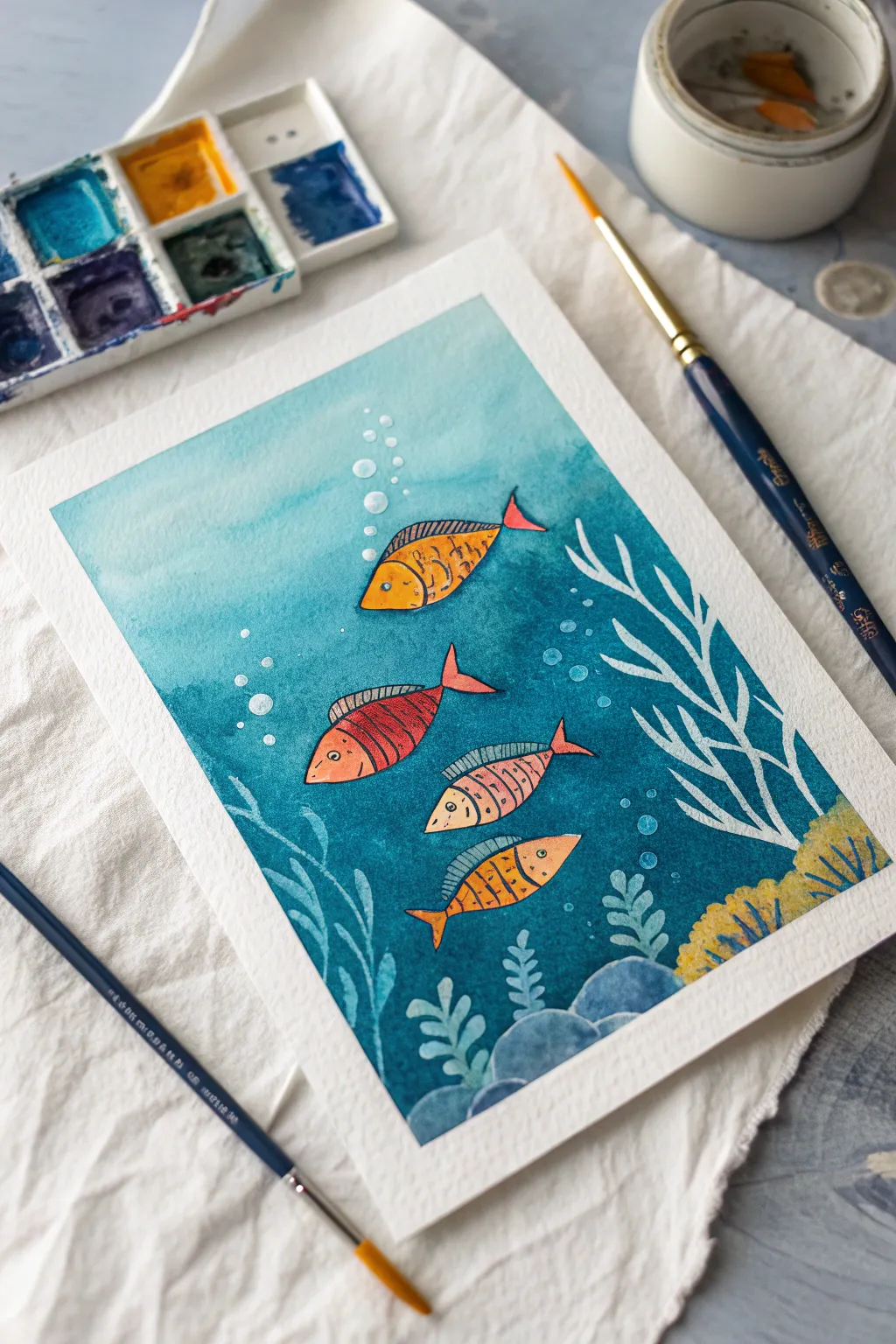 School of fish made from simple shapes, bold color pops on a dreamy blended ocean wash.