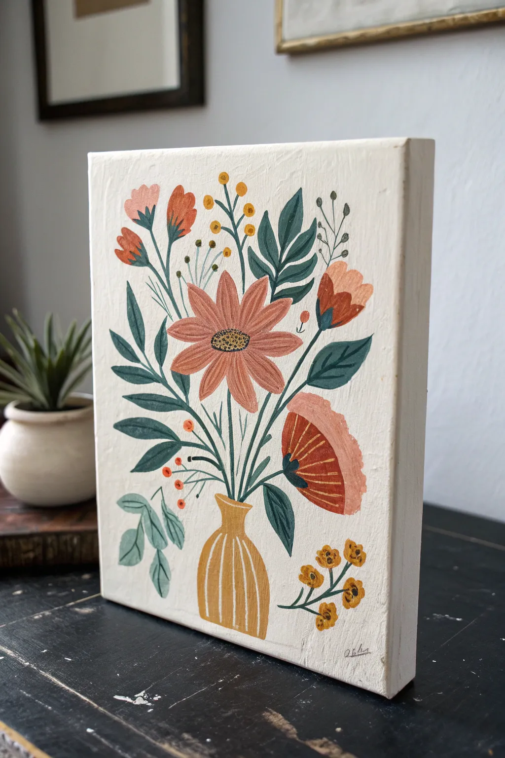 Simple bouquet in a vase, minimalist oil painting idea with bold color and Scandinavian calm