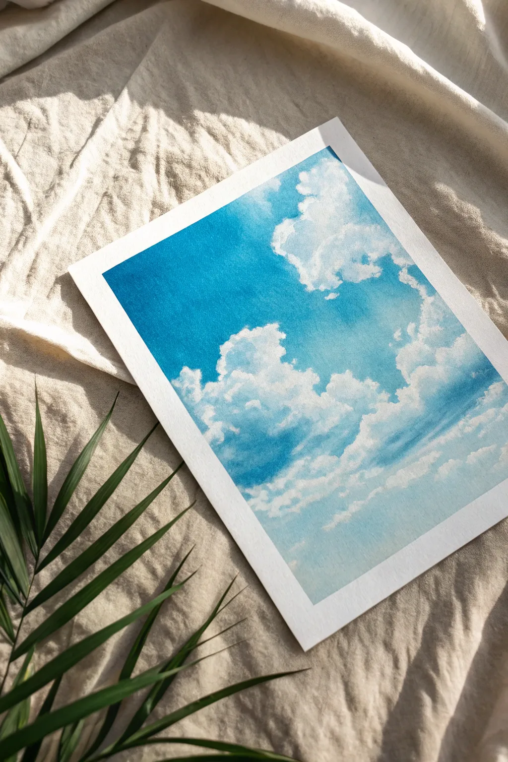 Quick sky gradient with chunky sponge-dabbed clouds, minimalist and bold for easy painting