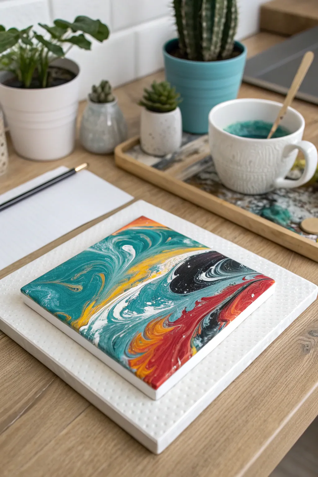 Mini pour painting panel with bold marbled swirls, a tidy mess-managed setup for kid art time