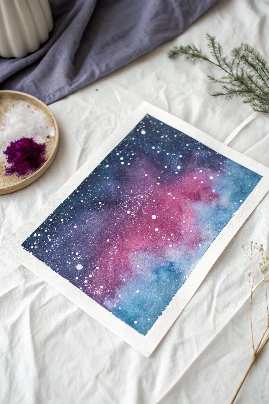 Sprinkle salt on wet watercolor to create a magical starry galaxy effect. A simple, stunning technique.