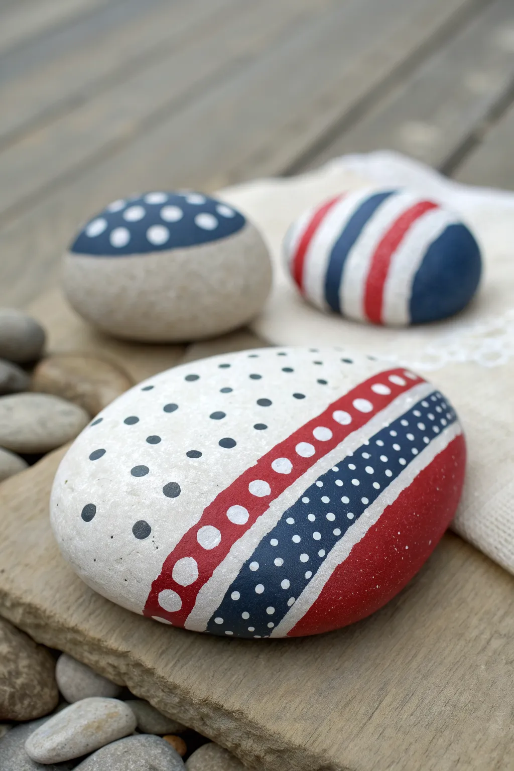 Red, white, and blue polka stripe painted rock idea with a clean minimalist boho vibe