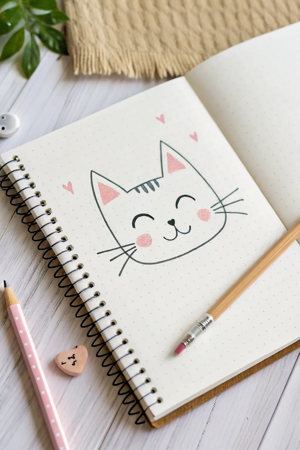 Kawaii cat face in soft peach and gray pencil layers with crisp highlights, beginner friendly and cute