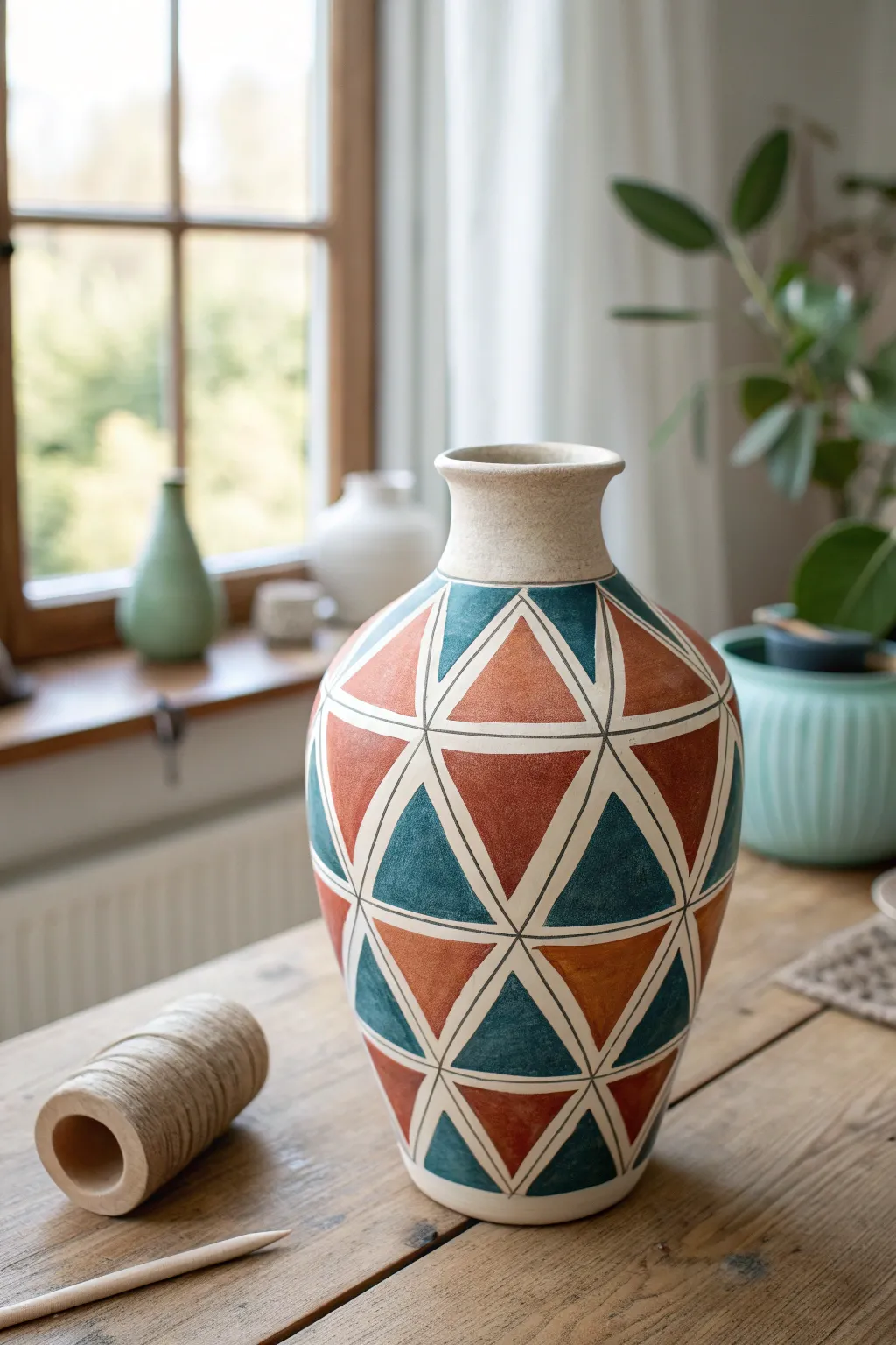 Tape-resist triangles on a matte vase with bold color blocks and perfectly crisp edges