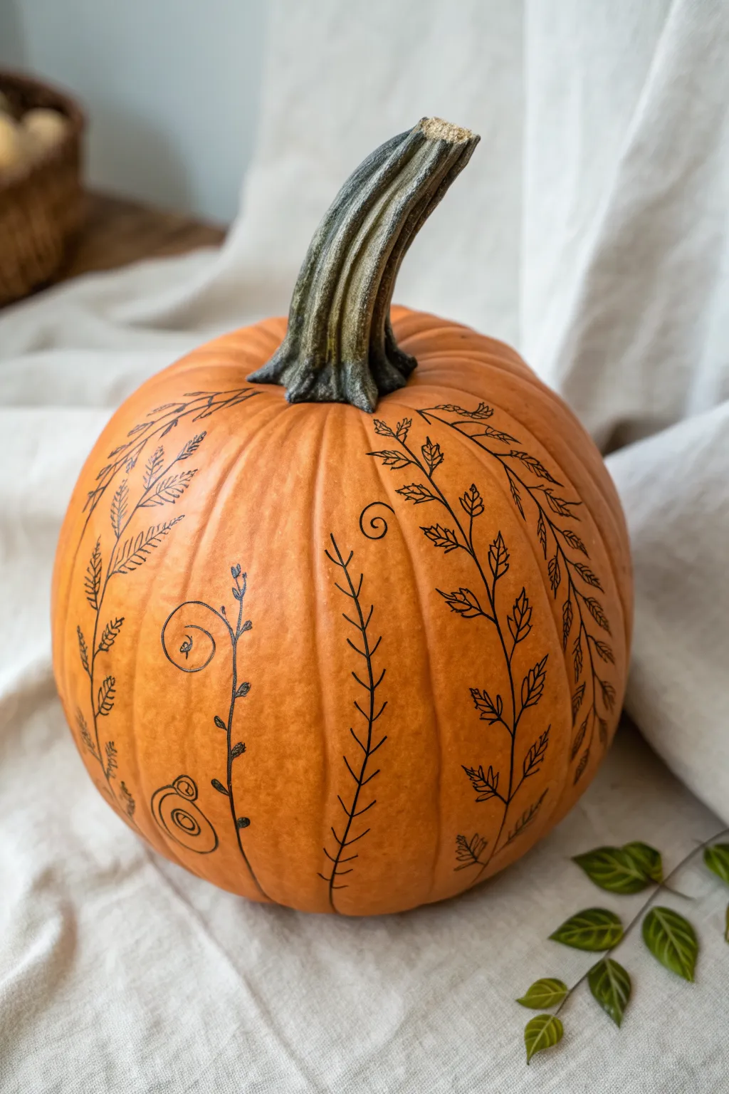 Leafy vine pumpkin linework that wraps the ridges for an easy, elegant minimalist-boho fall DIY
