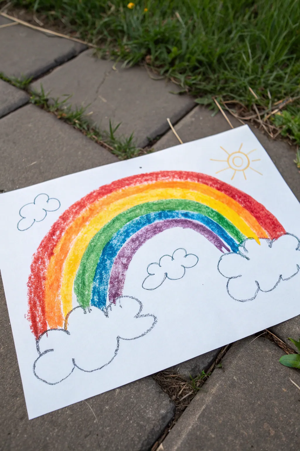 Chunky sponge-swipe rainbow with two simple clouds for an easy, satisfying textured look