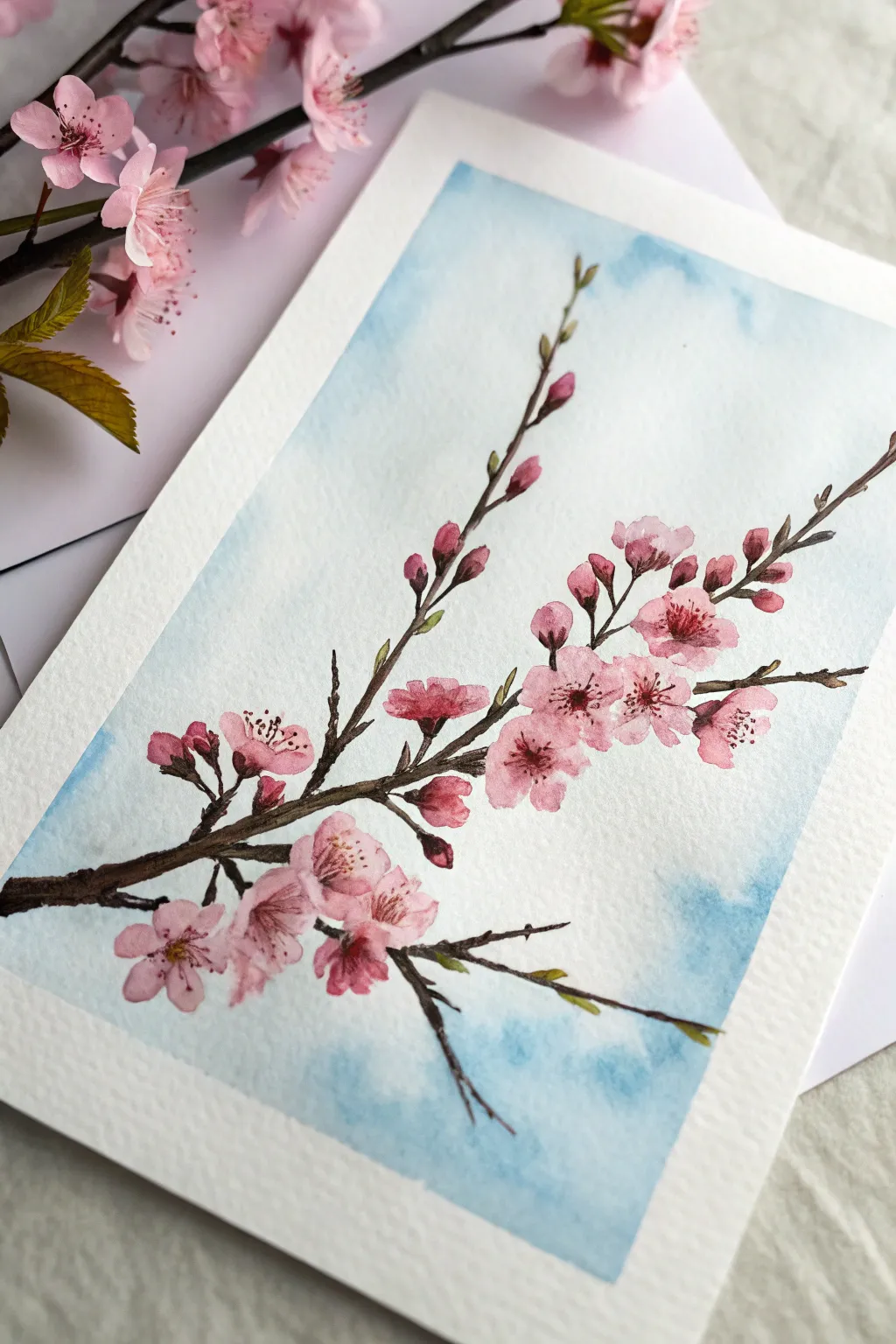 Simple sky wash with a dark branch and loose pink cherry blossoms for an easy, serene scene
