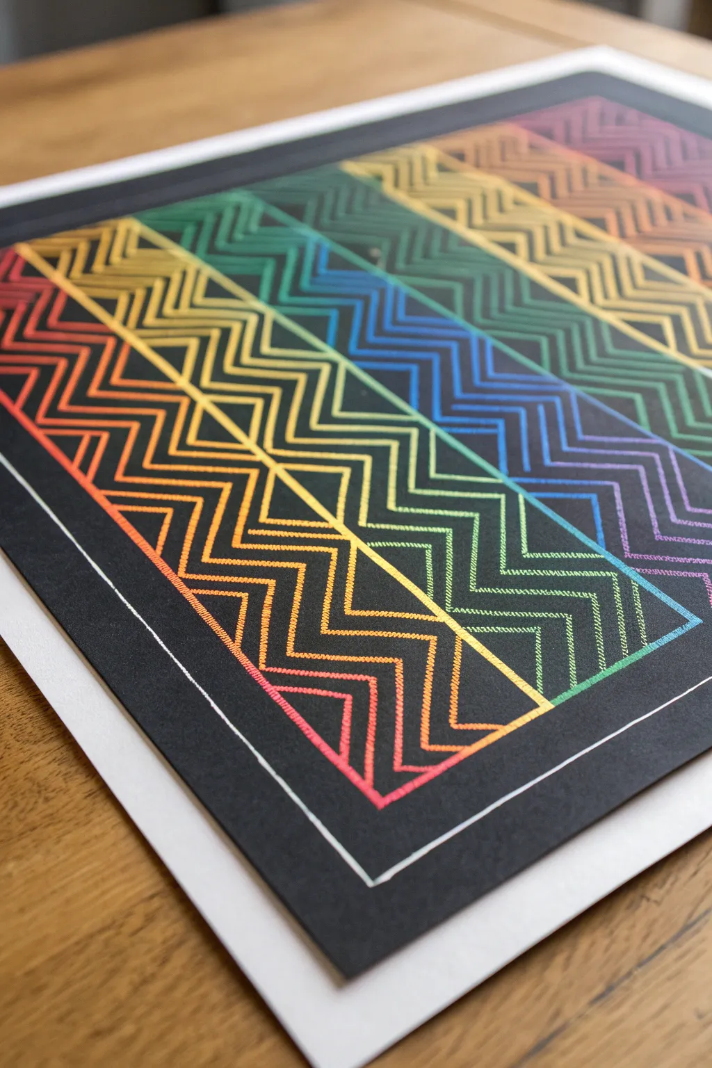 Bold rainbow scratch art with crisp chevrons and stripes for an easy geometric masterpiece