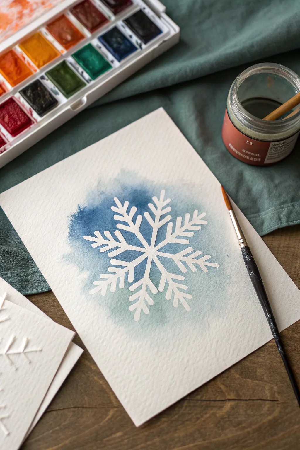 Soft-edged negative-space snowflake on bold brushstroke wash, minimalist yet boho winter art.