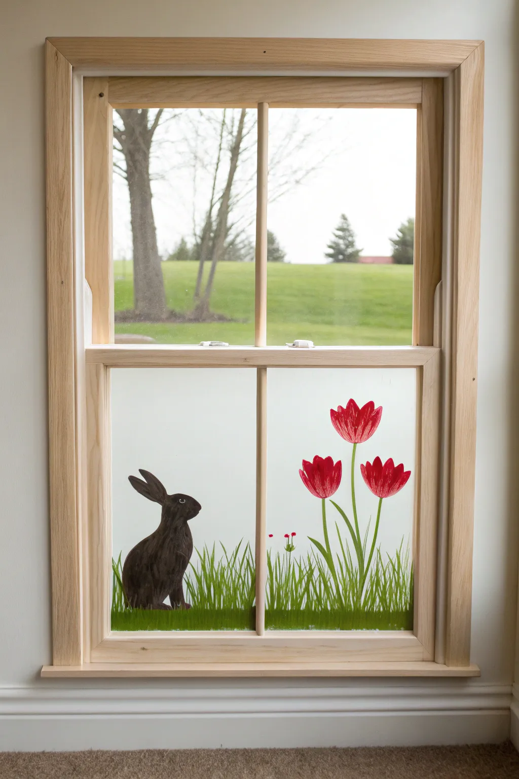 Whimsical bunny window painting with bold tulips and daisies, perfect for easy spring decor