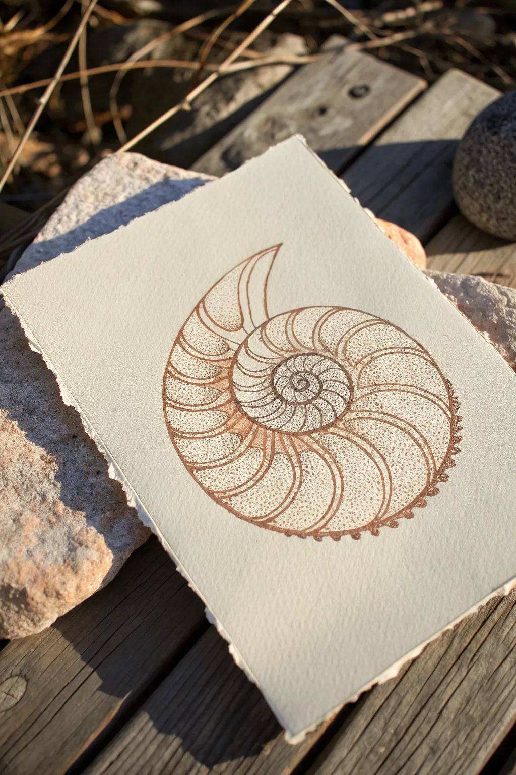 Stipple a seashell spiral with smooth dot gradients and a soft dotted shadow for depth.