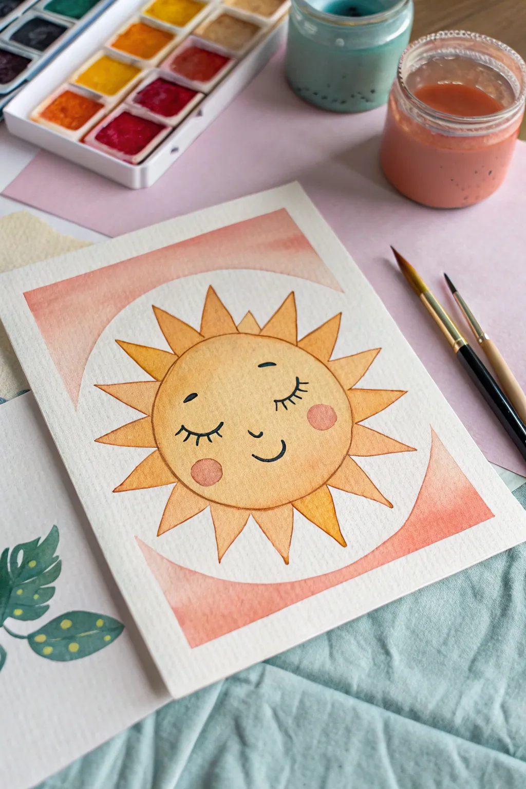 Simple cartoon sun face with sweet lashes on a soft blended wash, minimalist boho vibes