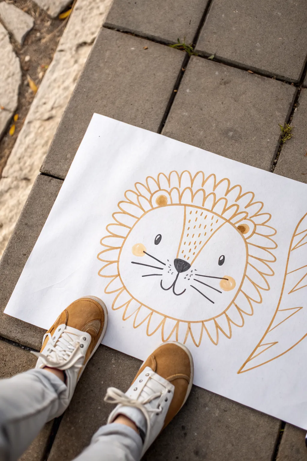 Cute lion face with fluffy mane, easy drawing for kids in bold minimalist Scandi boho style