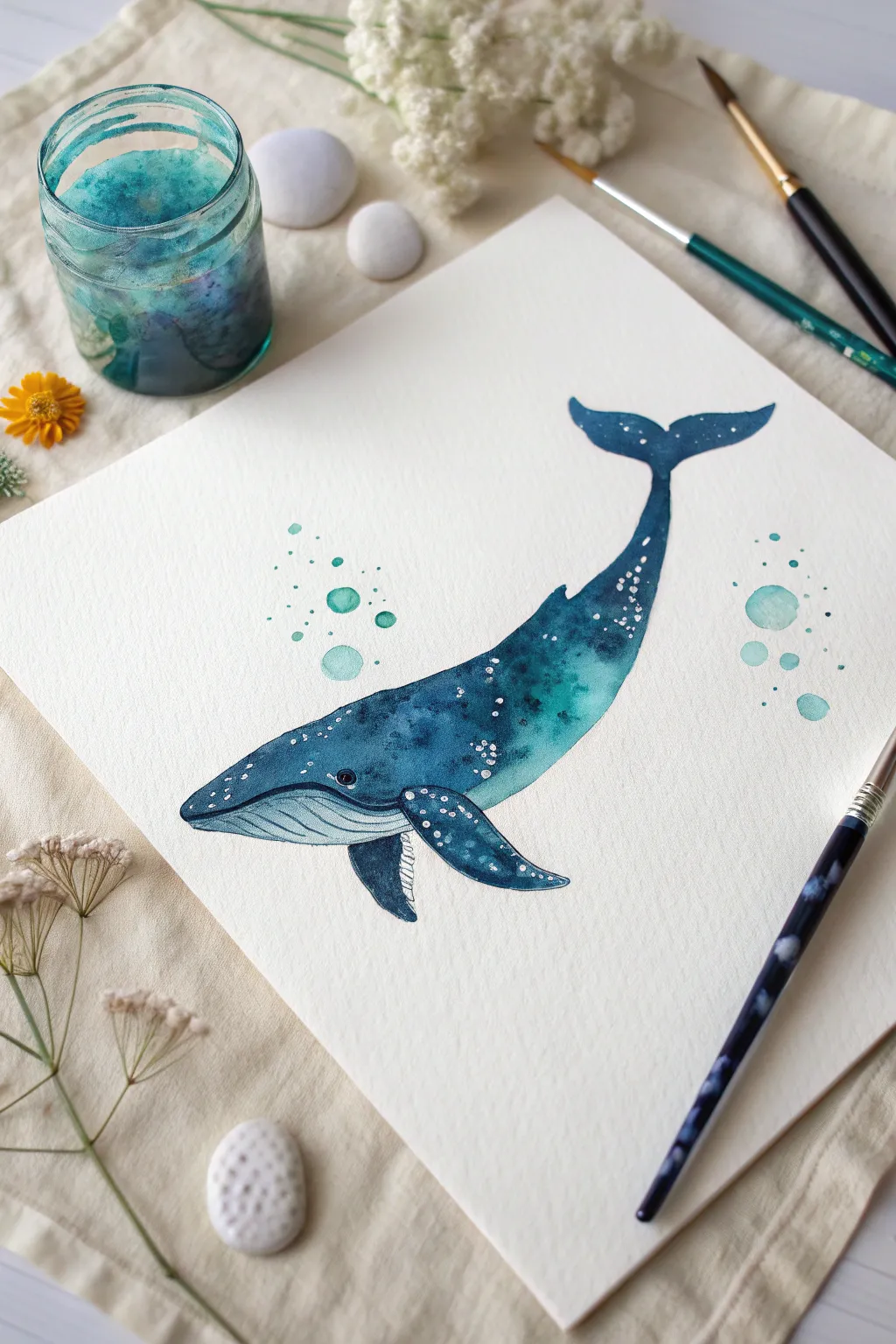 Easy wet-on-wet whale silhouette with blooming ocean blues on crisp white paper