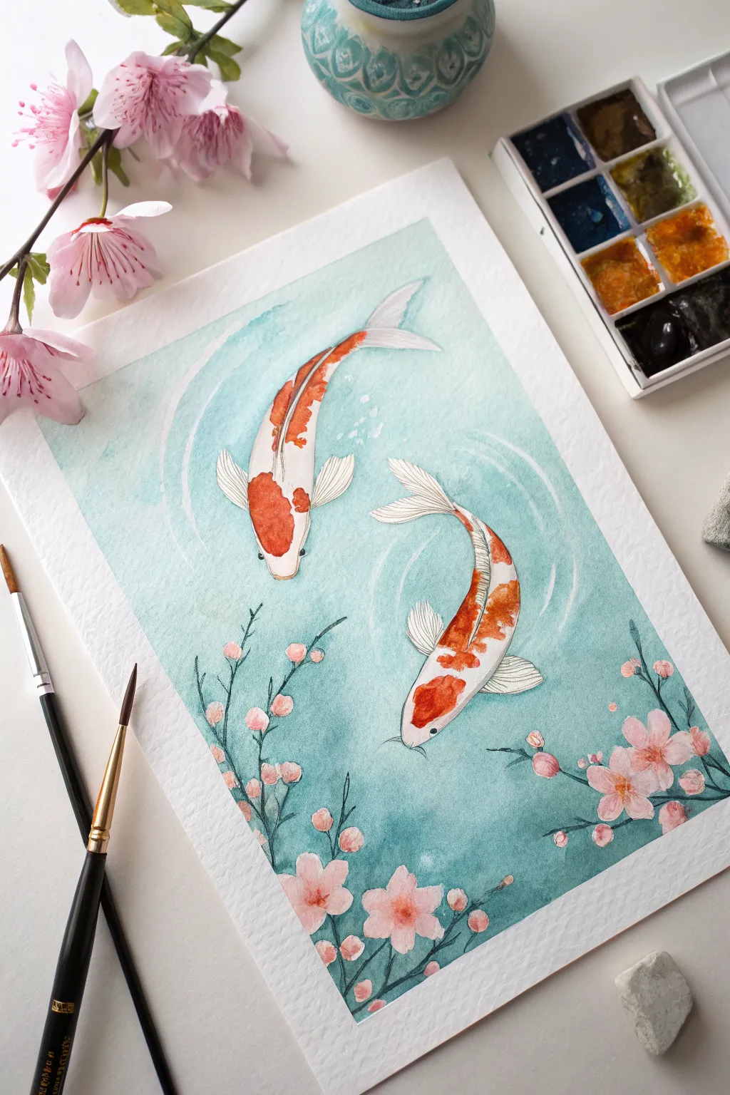 Easy koi fish watercolor: two simple shapes in a blooming blue-green pond wash to copy