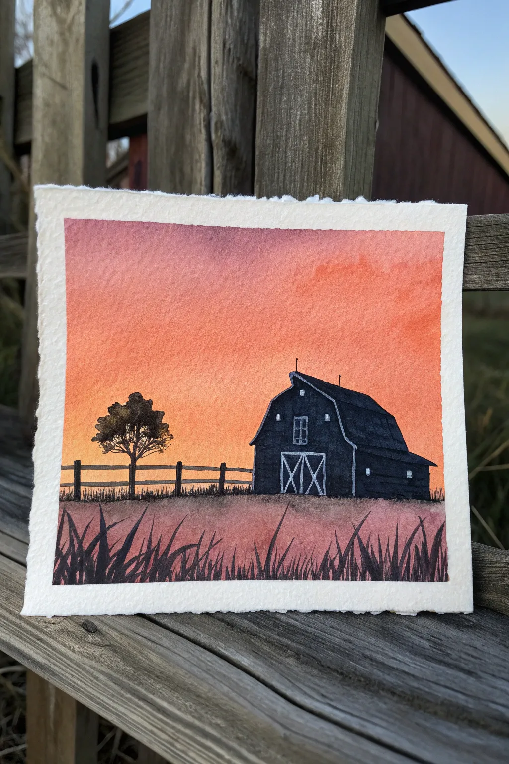 Chunky barn silhouette against a bold sunset wash, minimalist western painting idea to copy