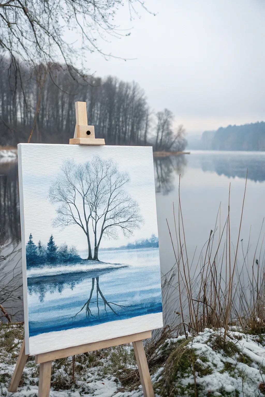 Paint a frozen lake with a soft reflection band and misty trees for serene winter vibes.
