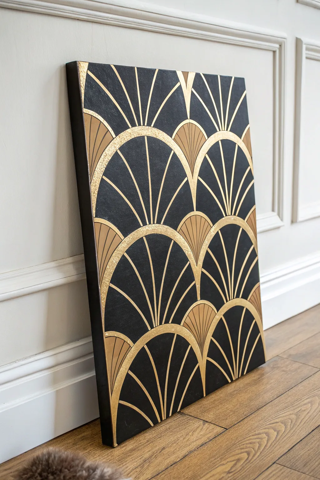 Polished Art Deco geometrics in black, cream, and muted brass for an elegant statement canvas.