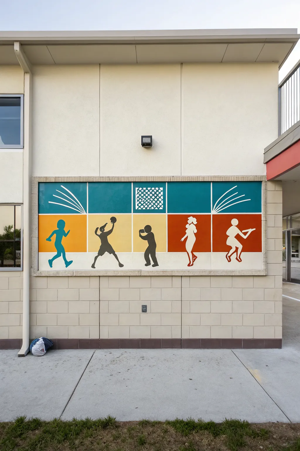Bold sports silhouettes in a clean action strip mural that celebrates teamwork without words