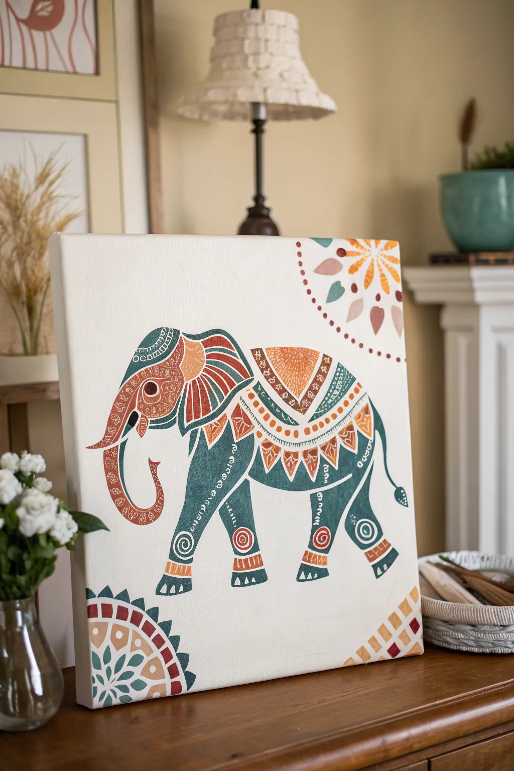 Boho patterned elephant silhouette in bold acrylics on a calm neutral canvas that pops