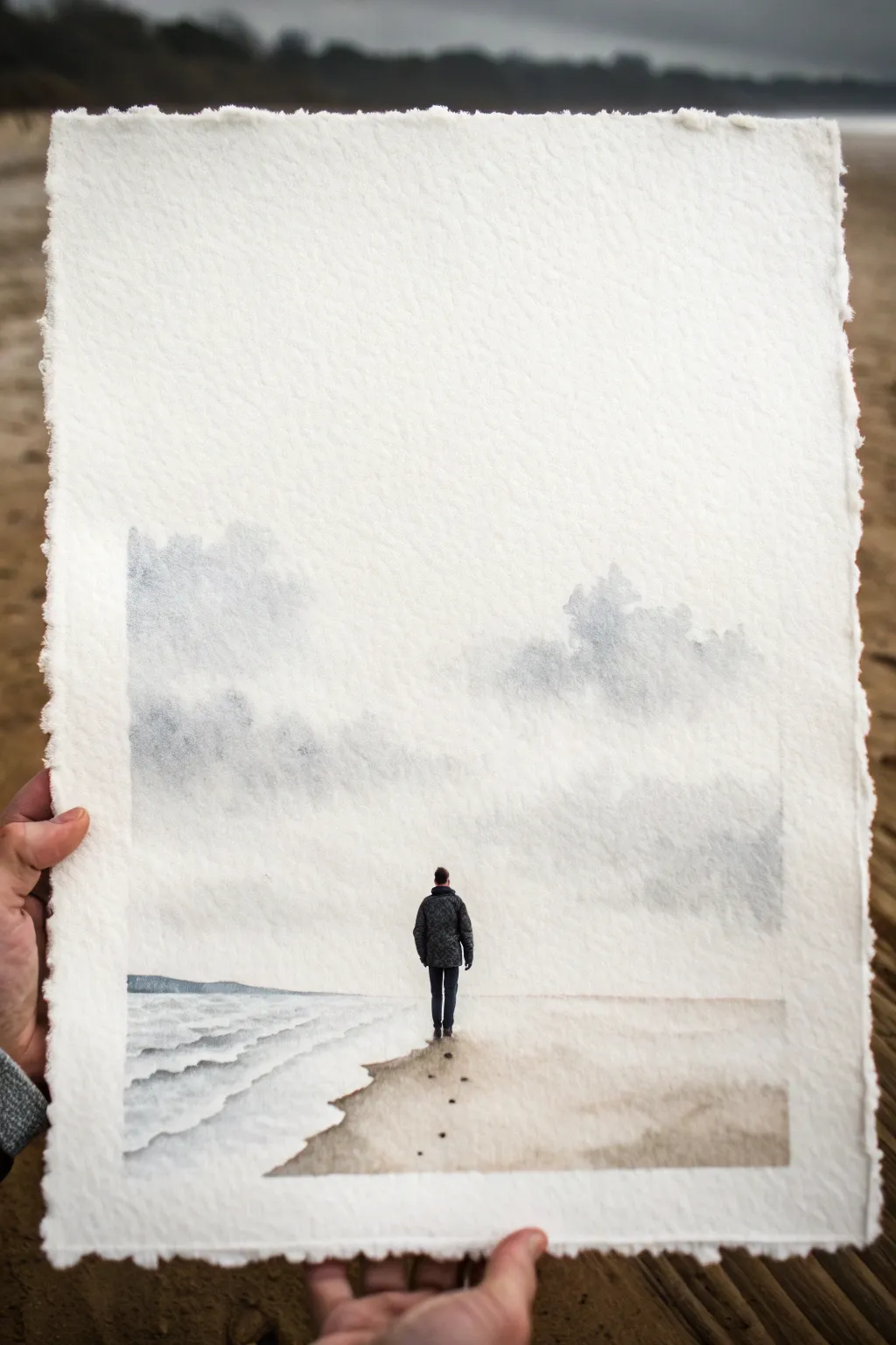 A tiny silhouette swallowed by endless white space, a minimalist sad painting idea.