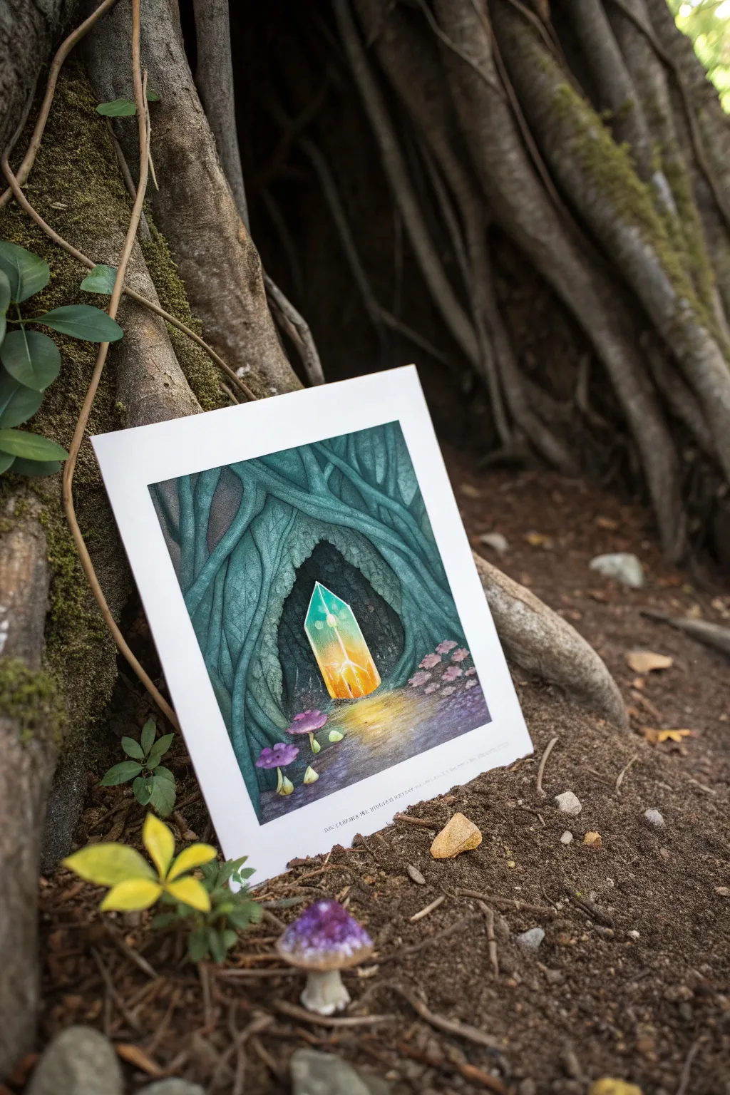 Dreamy crystal cave entrance framed by tangled roots, glowing gem light for magical sketching
