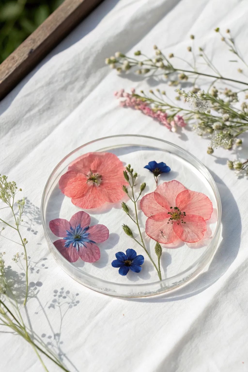 Pressed flower resin coaster: a bold bloom suspended in crystal-clear handmade epoxy.
