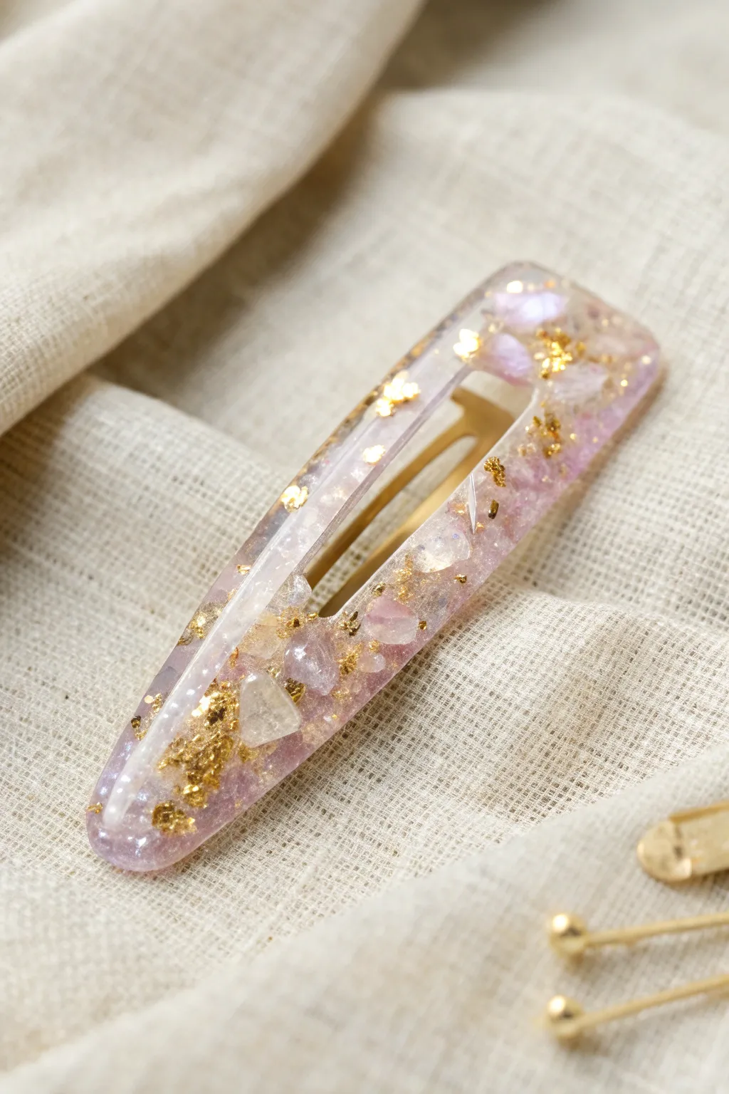Dreamy epoxy resin hair clip with shimmering foil flakes, minimalist boho sparkle in pastels