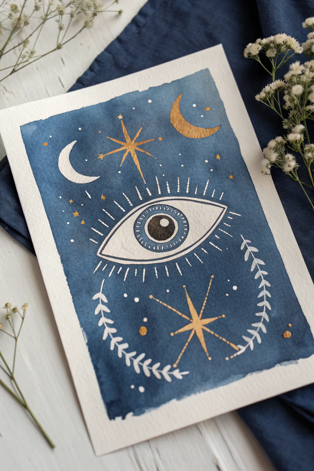 Celestial evil eye drawing with stars and moons on a deep indigo wash, bold yet minimalist.