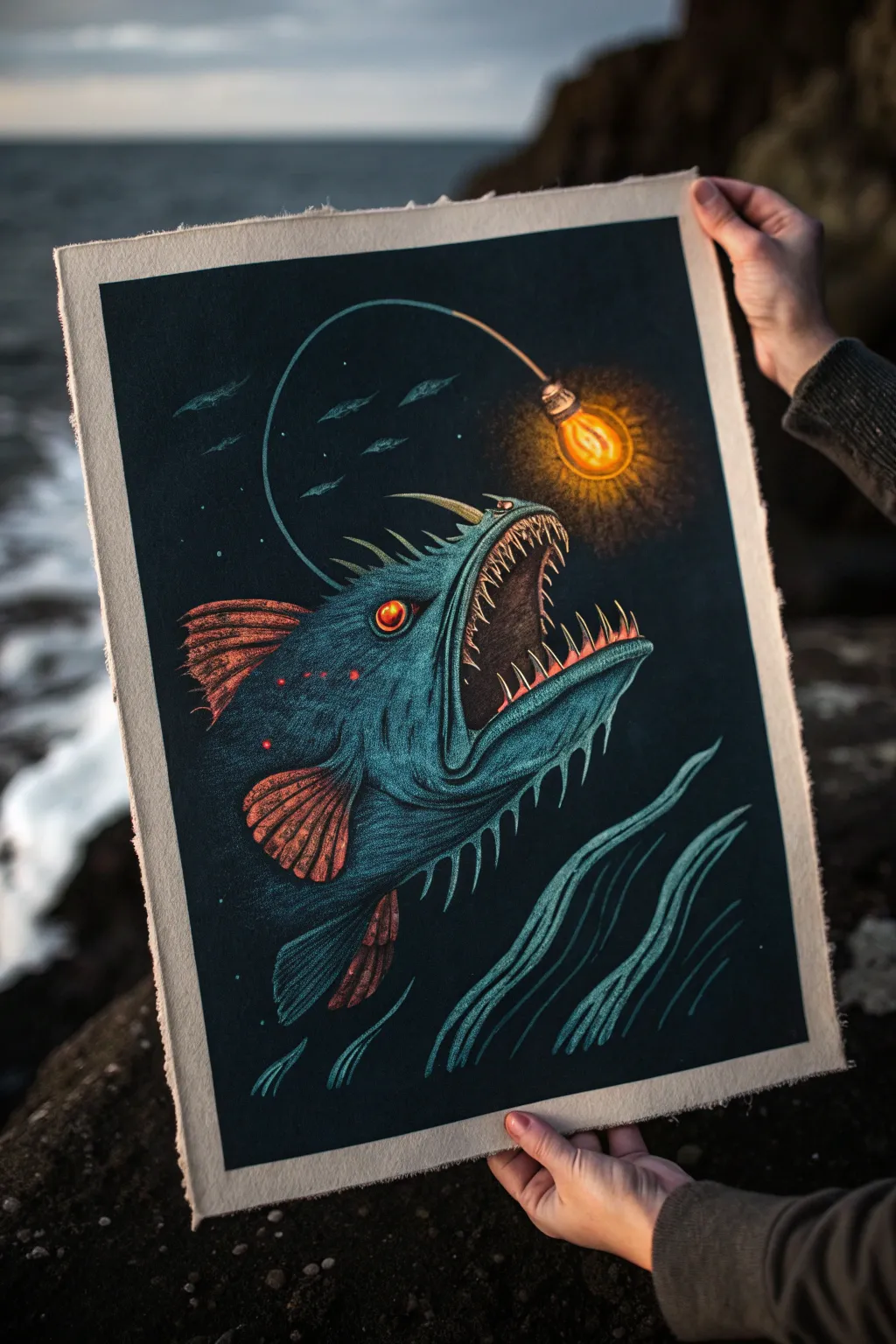 Deep-sea angler drawing: inky shadows, bold ocean hues, and one glowing lure as the focal point