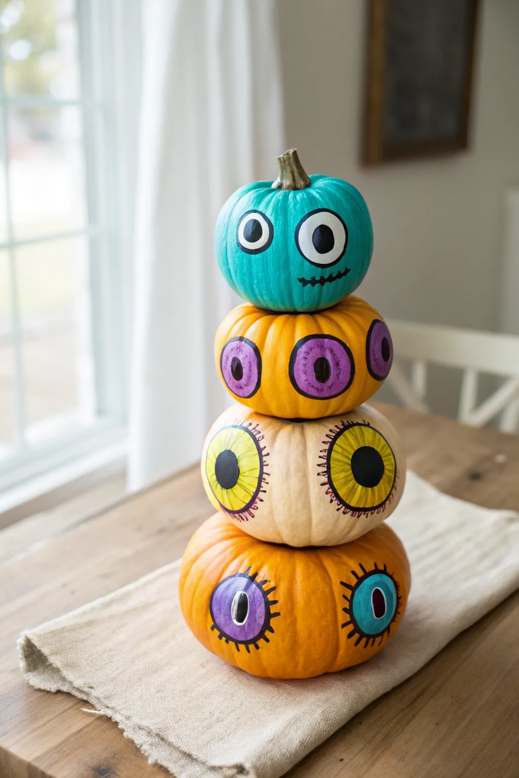 Mixed-size eyeball pumpkins stacked like a chic Halloween centerpiece in bold artisan colors.