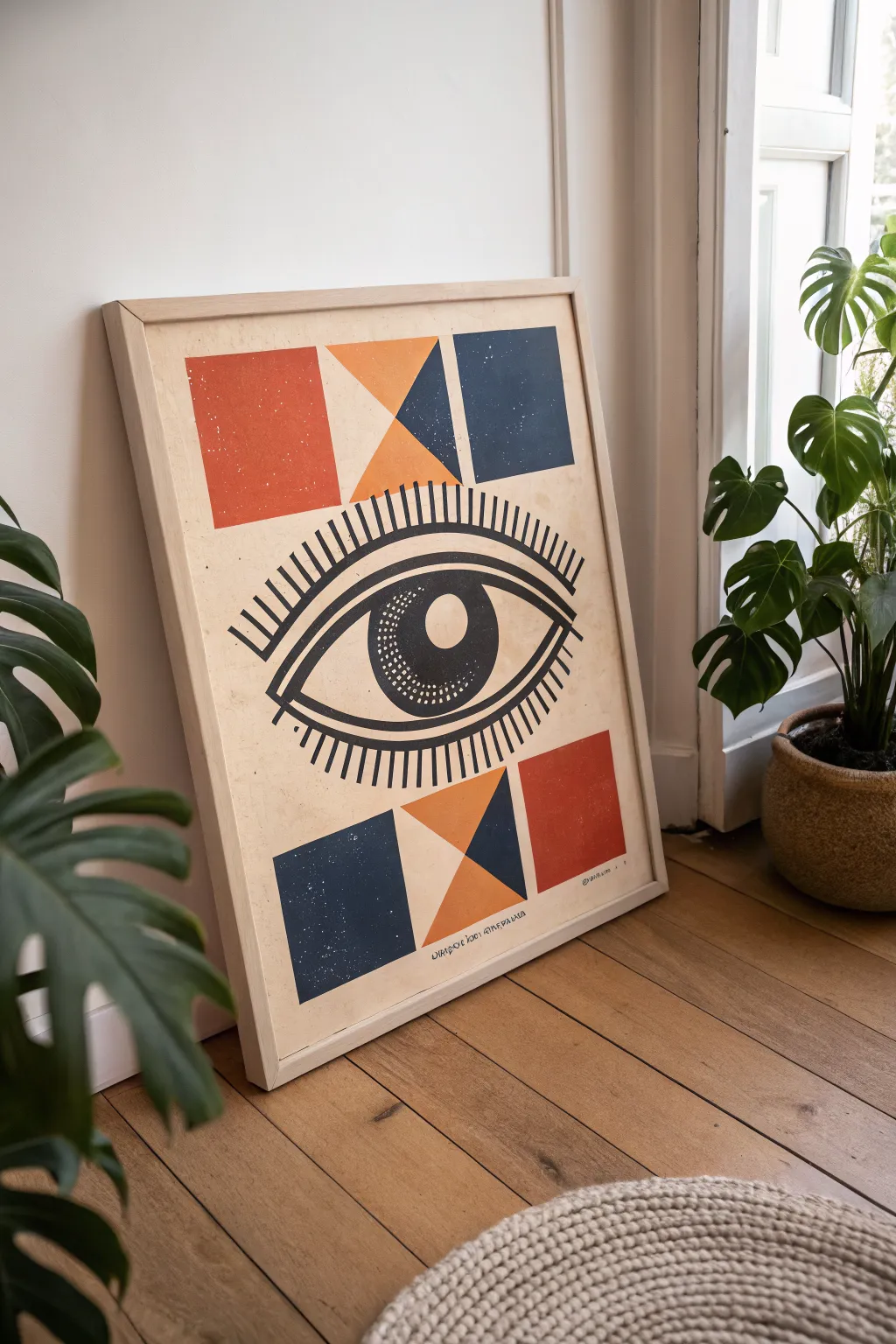 Bold graphic eye poster with cobalt and terracotta blocks, crisp outlines, and modern boho minimalism