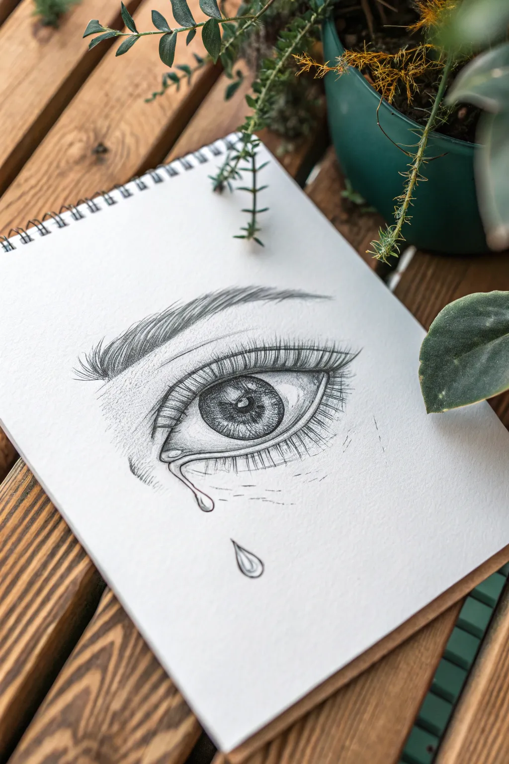 Minimalist crying eye drawing with glossy waterline and luminous tear trails in bold accent hues.