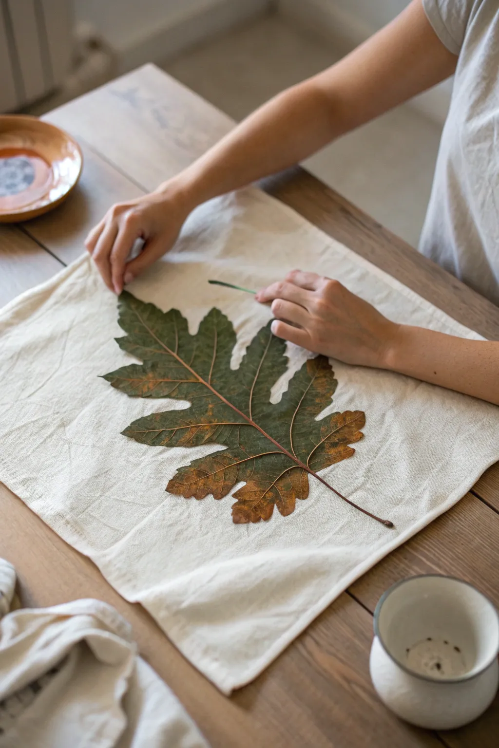 Botanical leaf printing: press a painted leaf onto linen for crisp, earthy fabric art.