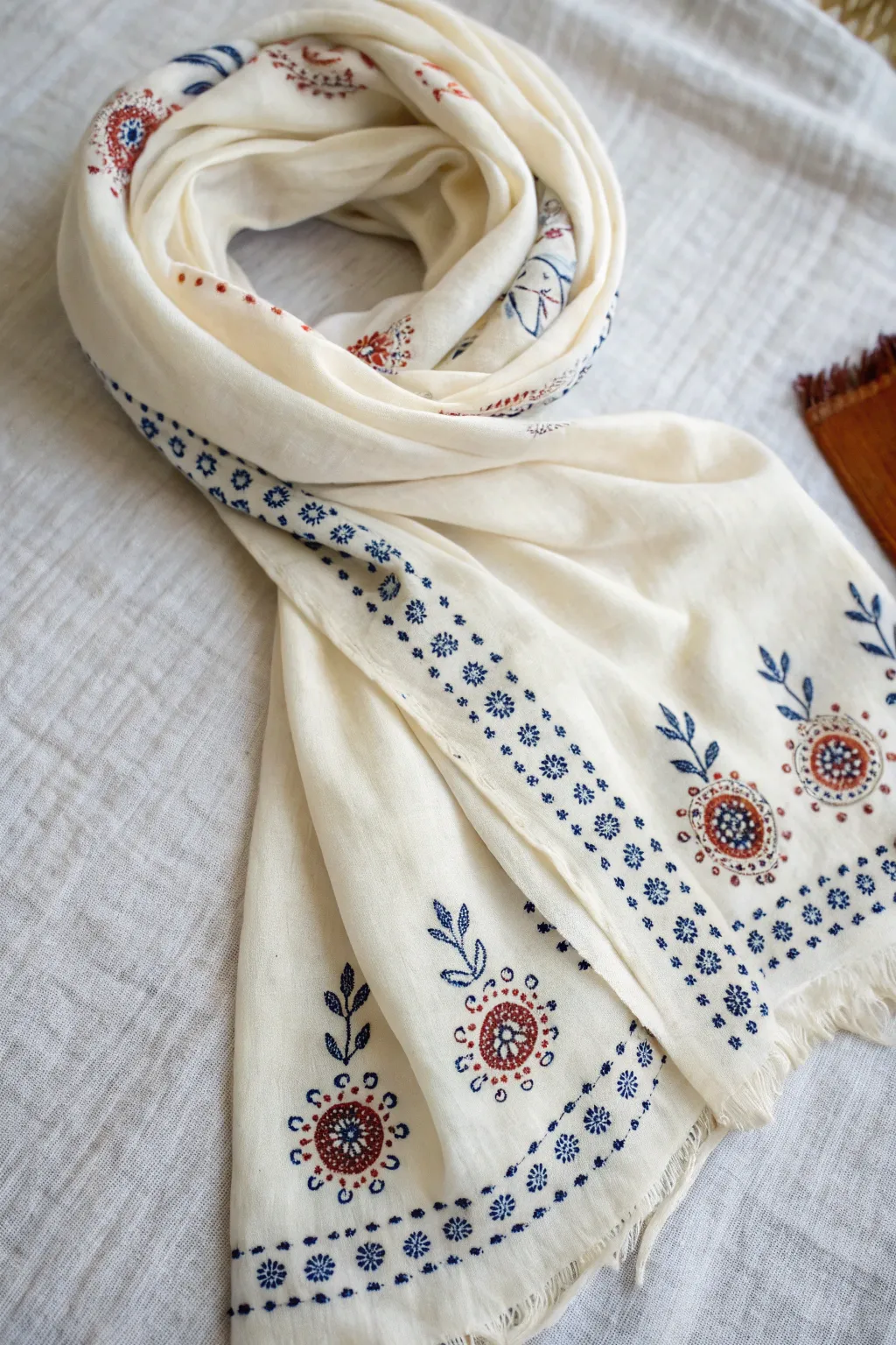 Scarf border pattern idea: delicate dots and vines painted along the edge for a chic finish