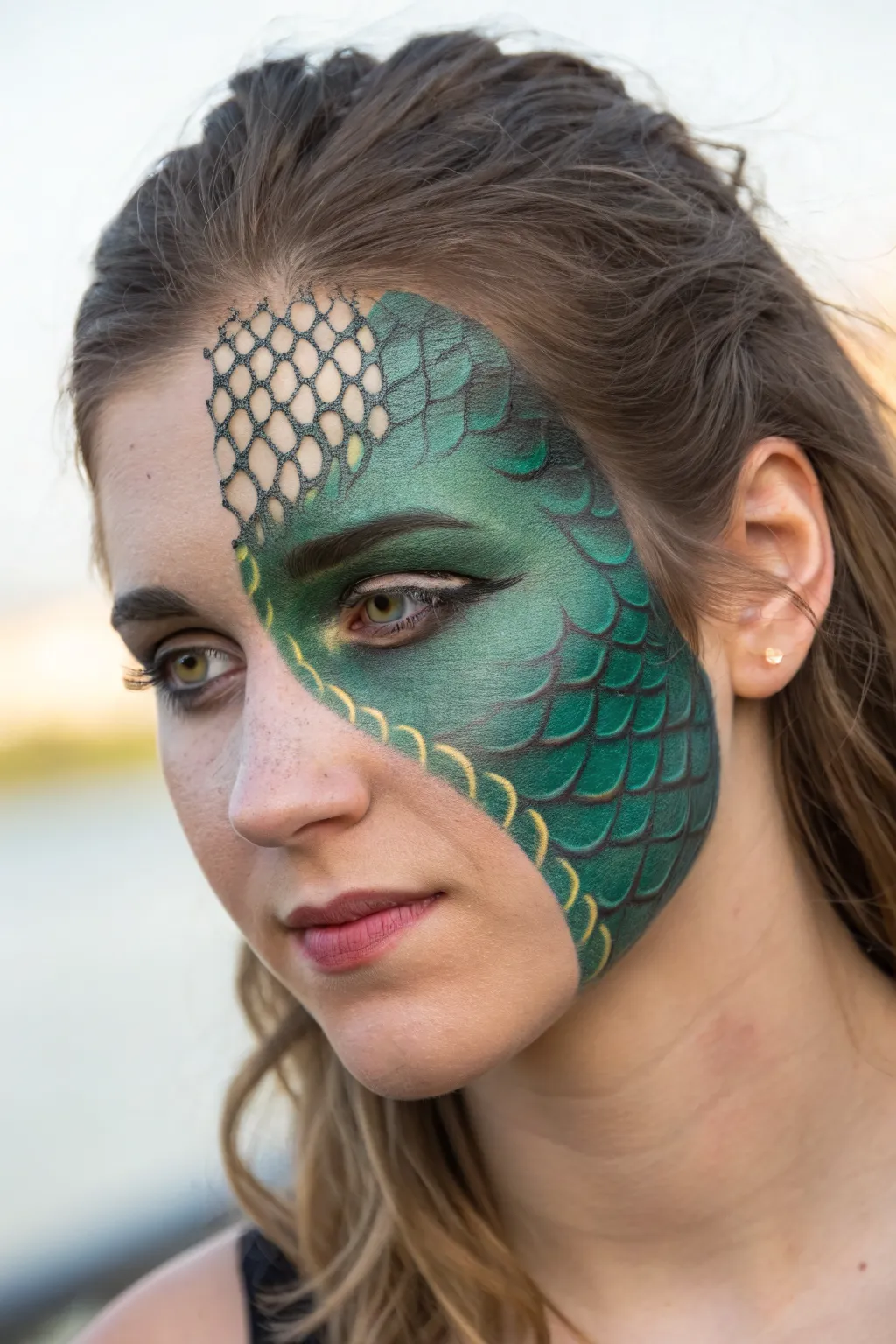 Dragon split-face makeup idea with a blinking eyelid eye illusion, bold scales, minimal Nordic vibe