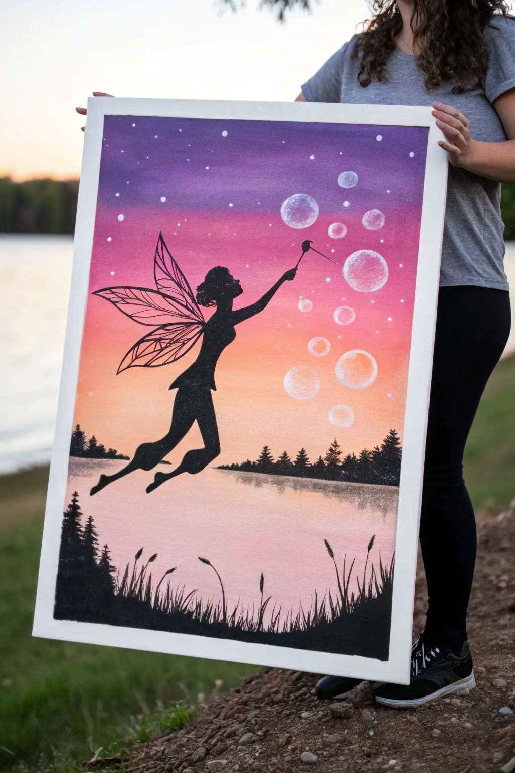 Moody dusk fairy silhouette reaching for glowing light orbs in a bold minimalist palette