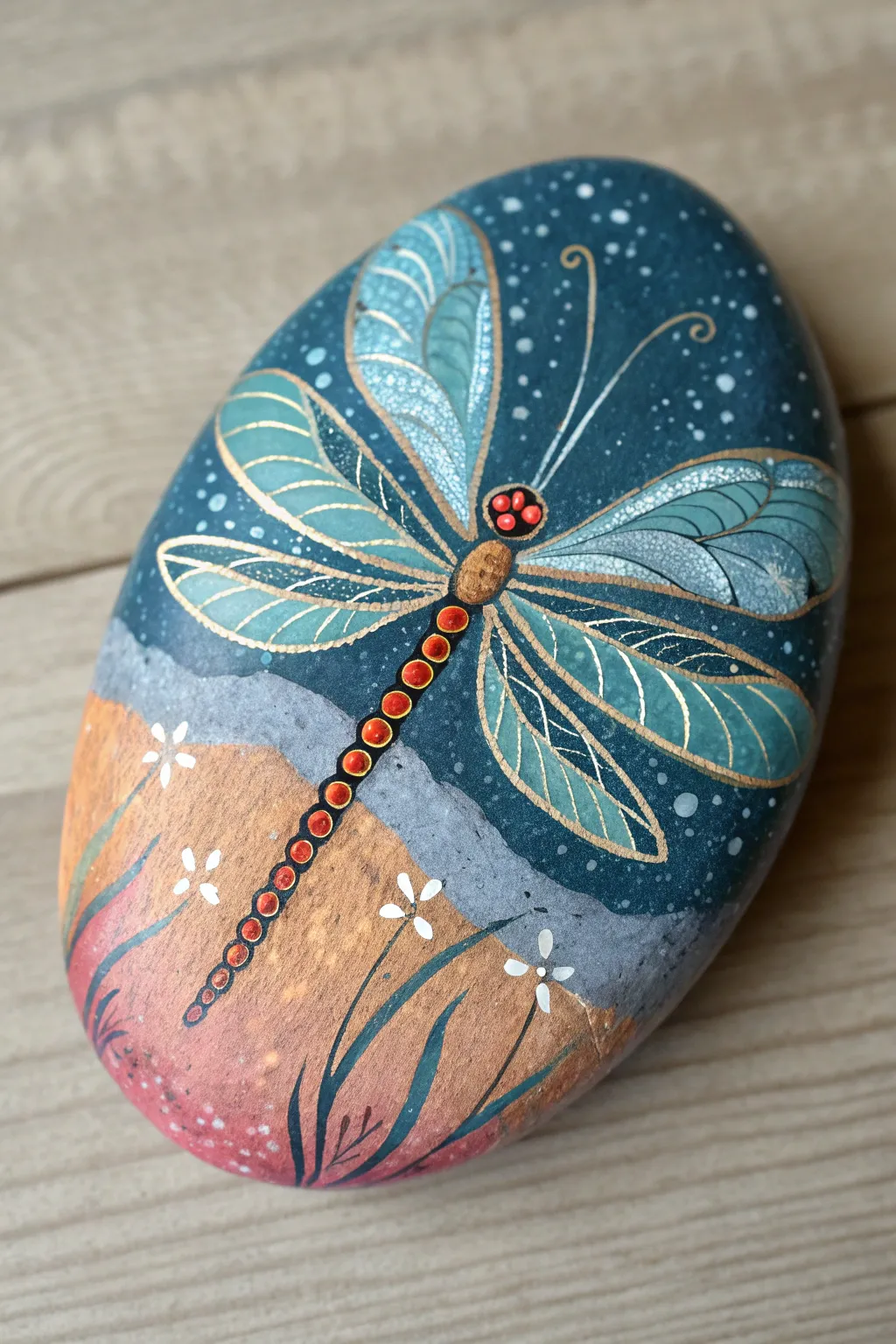 Paint a dreamy fairy rock with a shimmering dragonfly for a simple boho touch