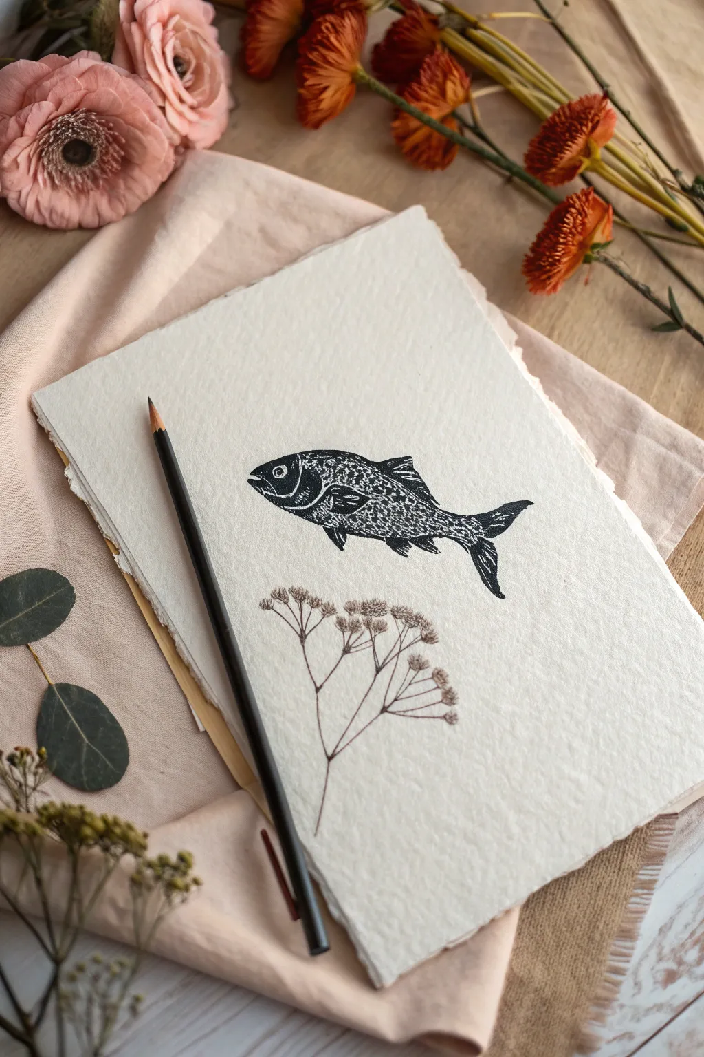 Minimal ichthys in negative space with bold ink and soft watercolor blooms for modern faith art.