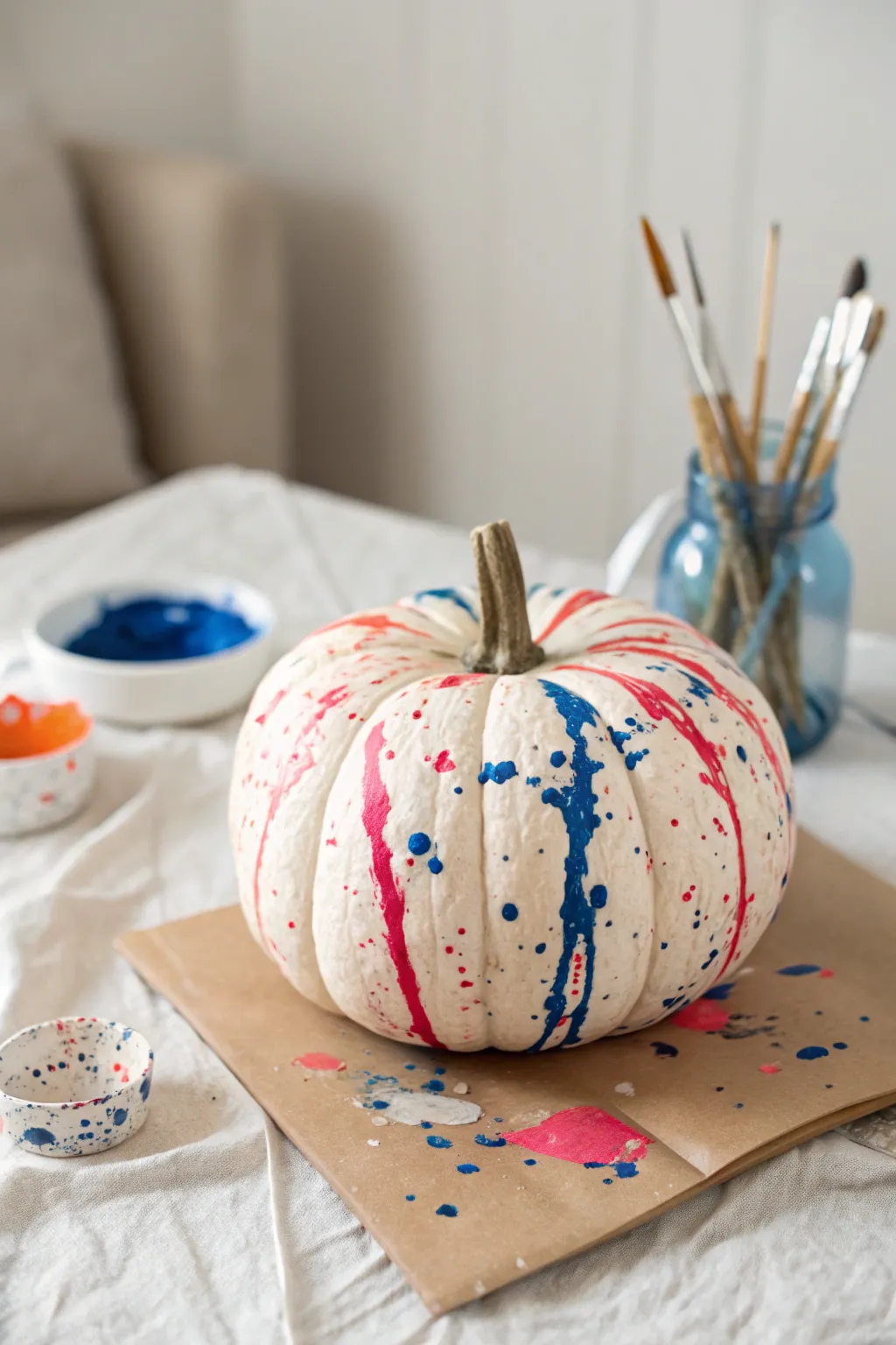 DIY-ready splatter painted faux pumpkin on a clean craft table, bold color pop and boho calm.