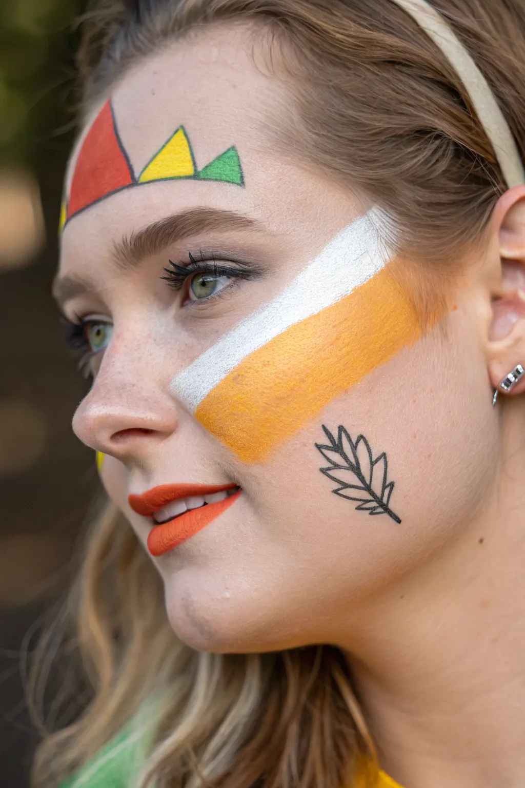 Candy corn color-block cheek paint with tiny leaf doodles for a bold, minimalist fall festival look