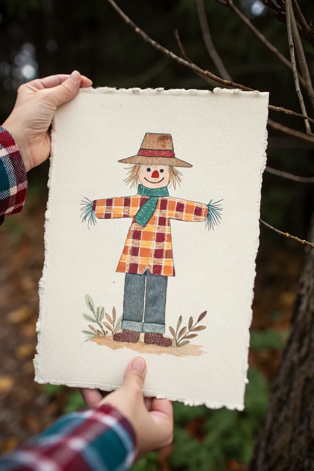 Create a scarecrow shirt with fingertip plaid stripes and dots in bold fall colors on clean paper