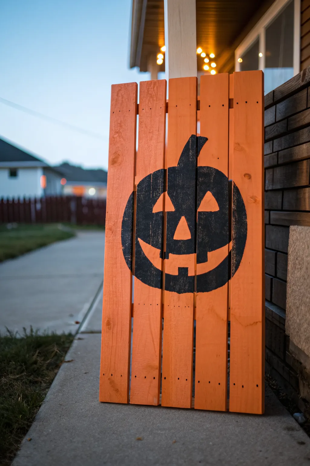 Bold black jack-o-lantern silhouette on an orange pallet, striped slats and cozy dusk porch glow